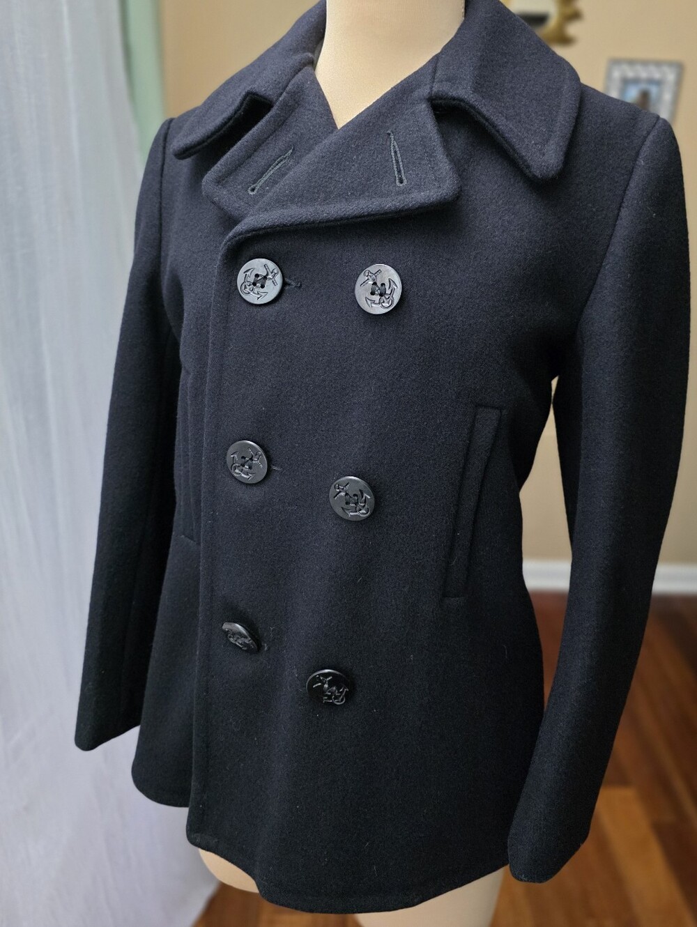 Vintage 60s 70s Navy Wool Peacoat Fox Knapp Anchor Buttons Made USA Womens 14